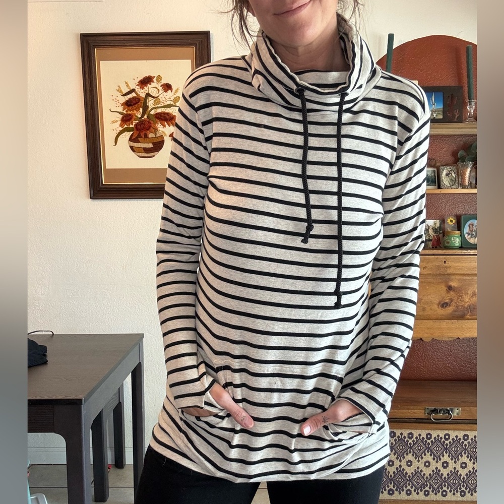 Striped Cowl Neck Sweater - Black and grey